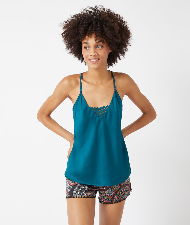 Caraco satin&eacute;, d&eacute;tails dentelle bleu canard.