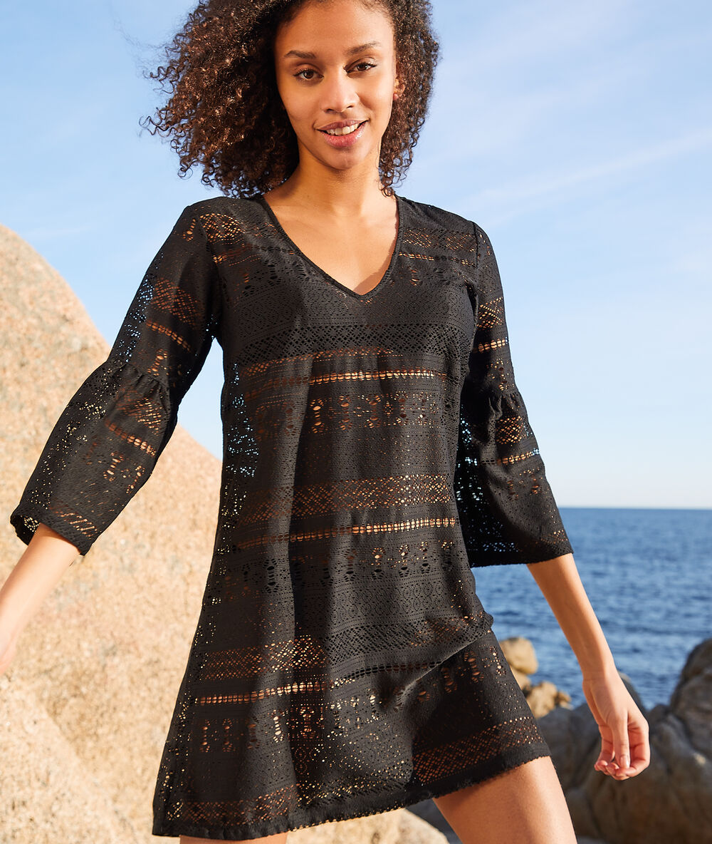 Tunique de plage manches 3/4 ajour&eacute;e noir.