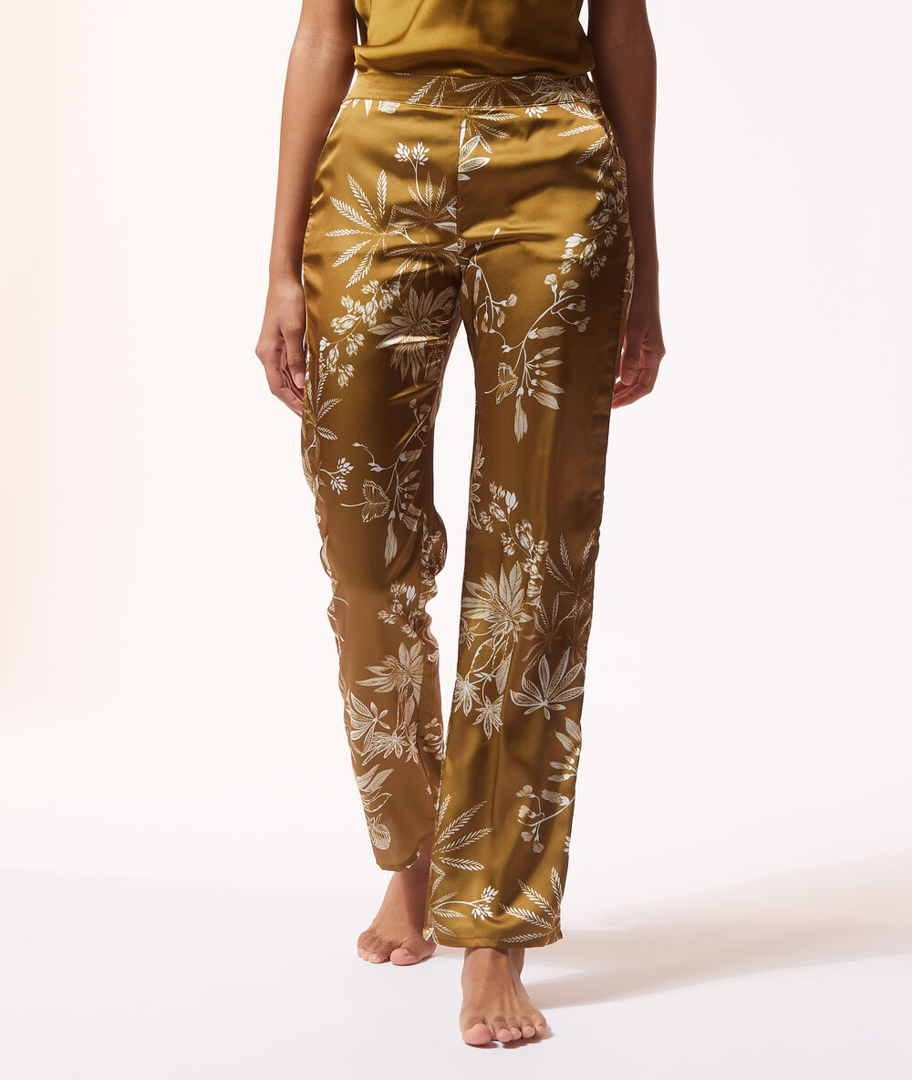 Pantalon satin&eacute; imprim&eacute; bronze.