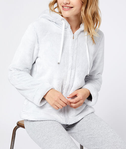 Hooded faux fur jacket ecru.