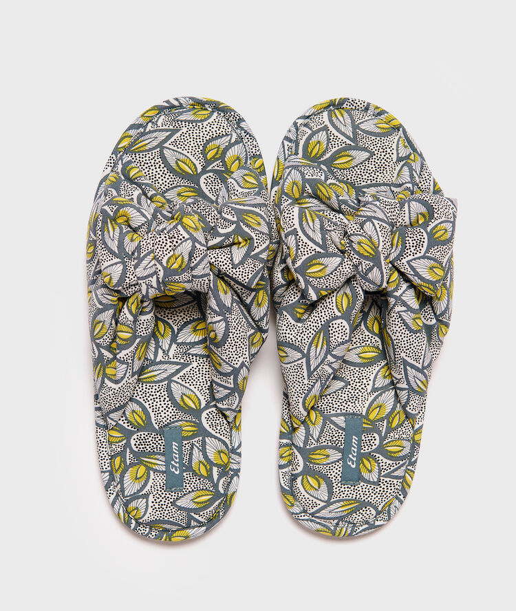 Ethnic print open slippers khaki.