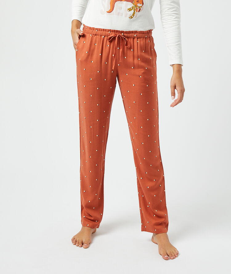 Pantalon imprim&eacute; brique roux.