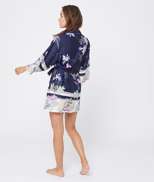 Floral satin kimono dressing gown blue.