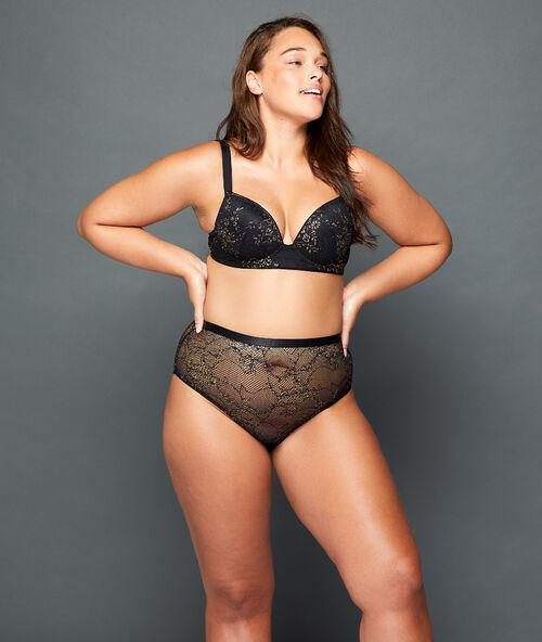 Soutien-gorge n°5 - ampliforme naturel en dentelle métallisée noir.