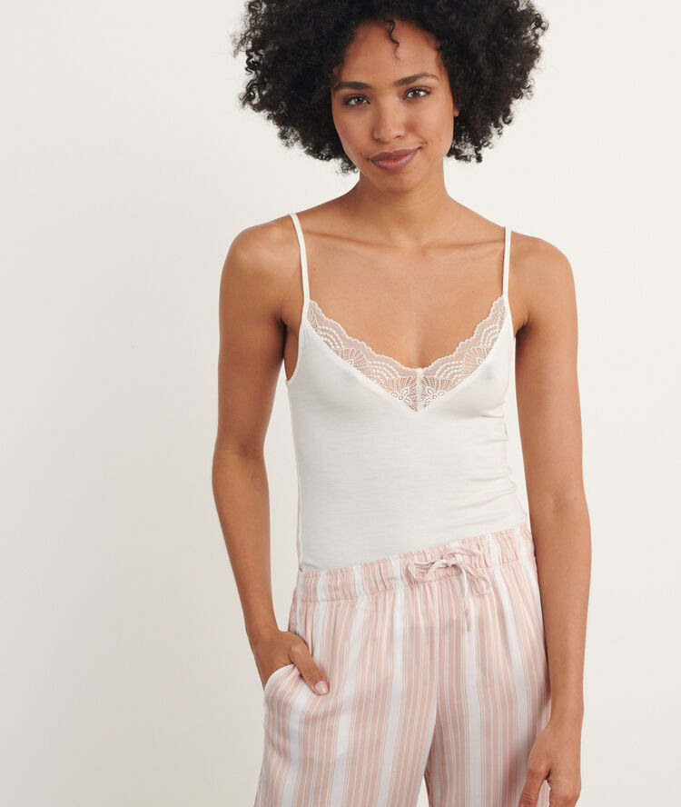 Lace trim top ecru.