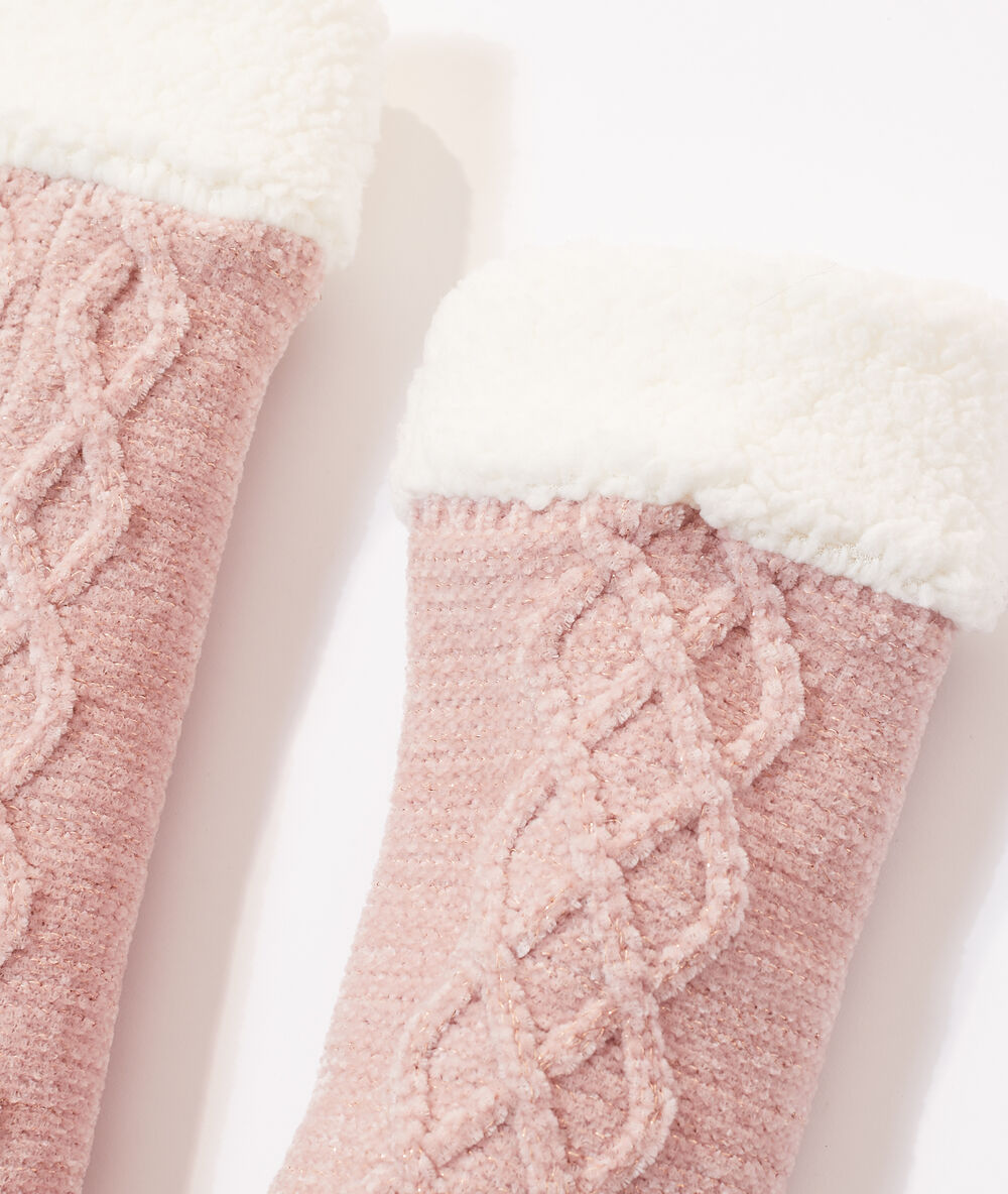 Chaussettes tricot int&eacute;rieur polaire rose.