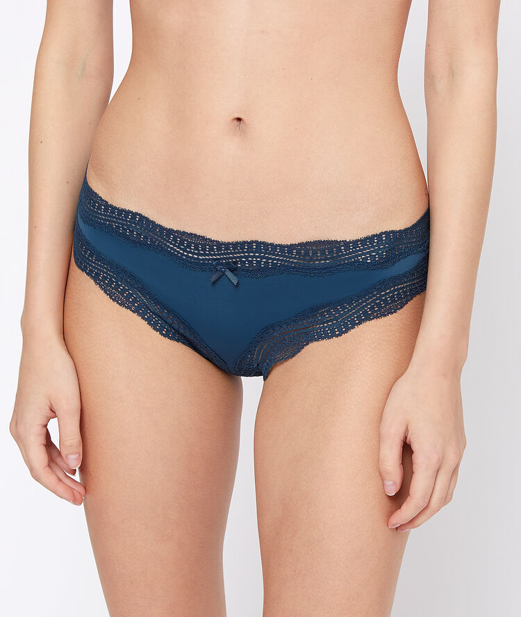Graphic lace trim tanga petrol blue.