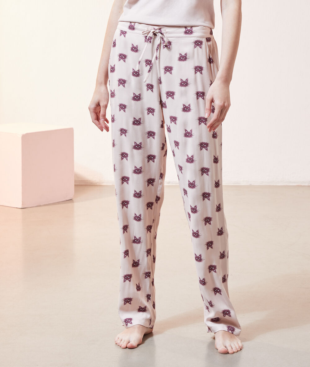 Pantalon imprim&eacute; chat rose.