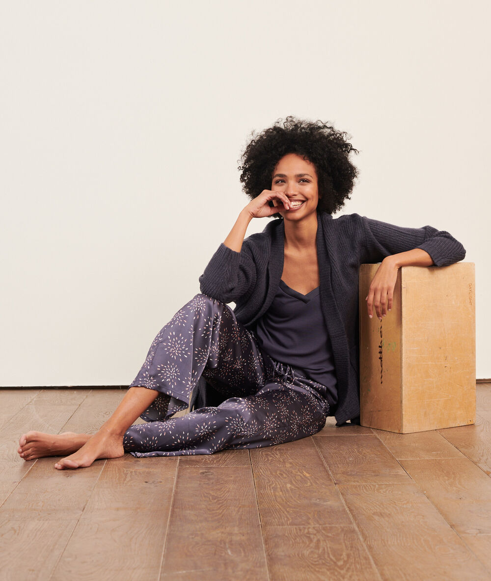 Satin knit 3 pieces pyjama indigo.