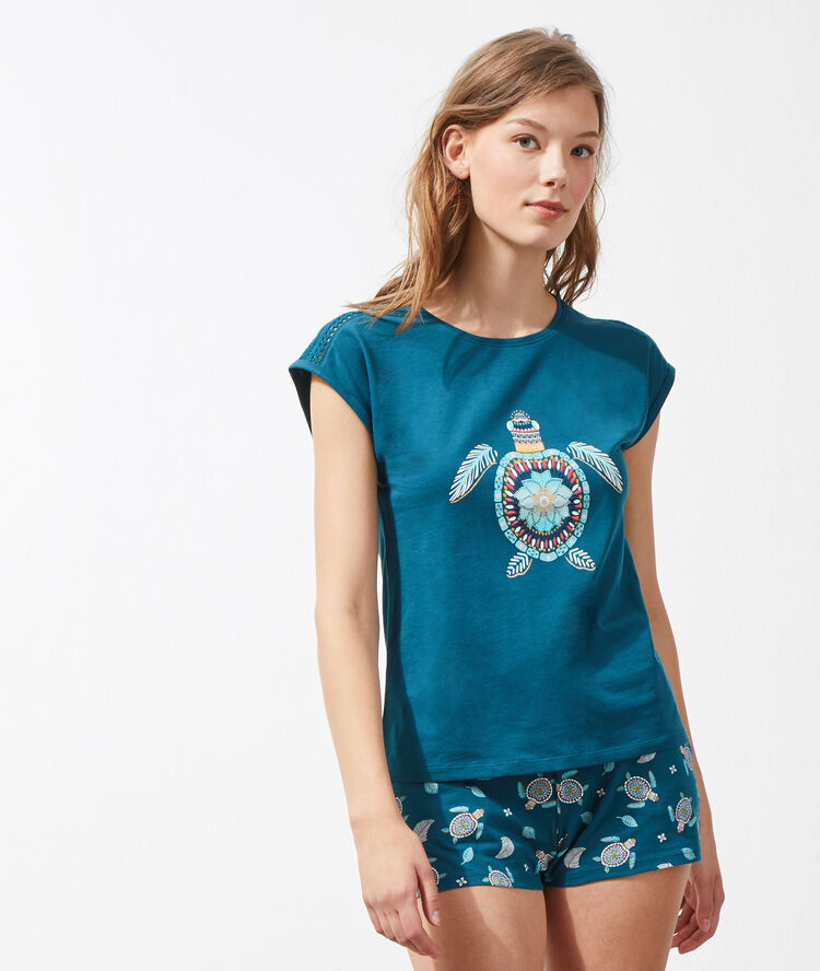 Top imprim&eacute; tortue bleu canard.