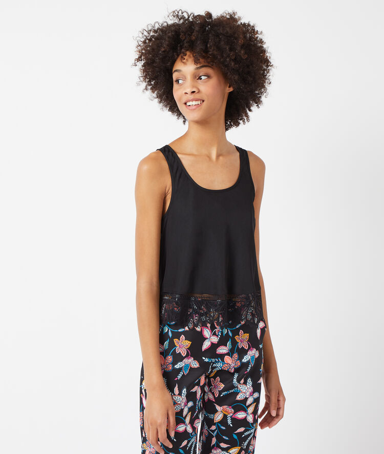 Tank top with lace trimmed hem black.