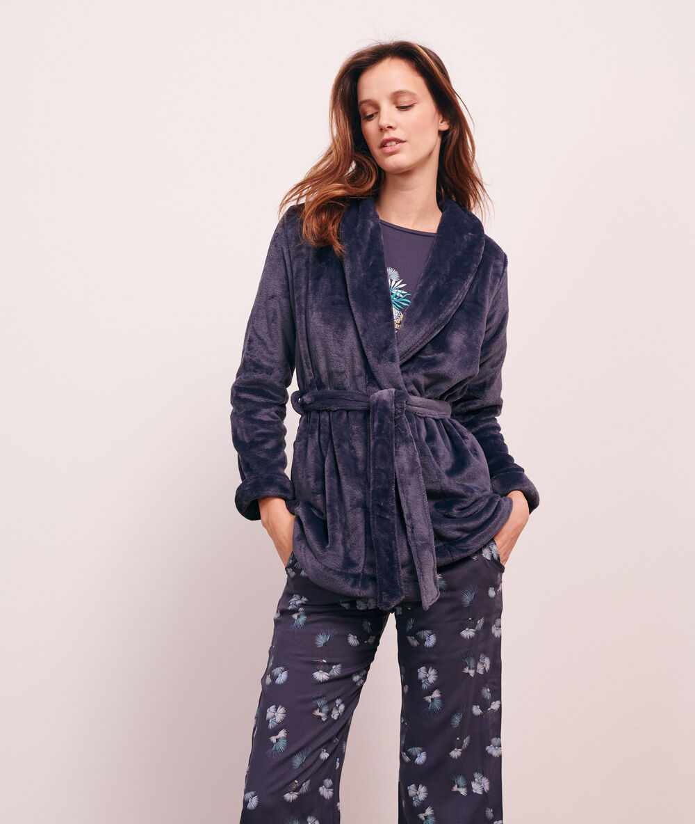 3 piece pyjama in print, fleece cardigan indigo-blue.