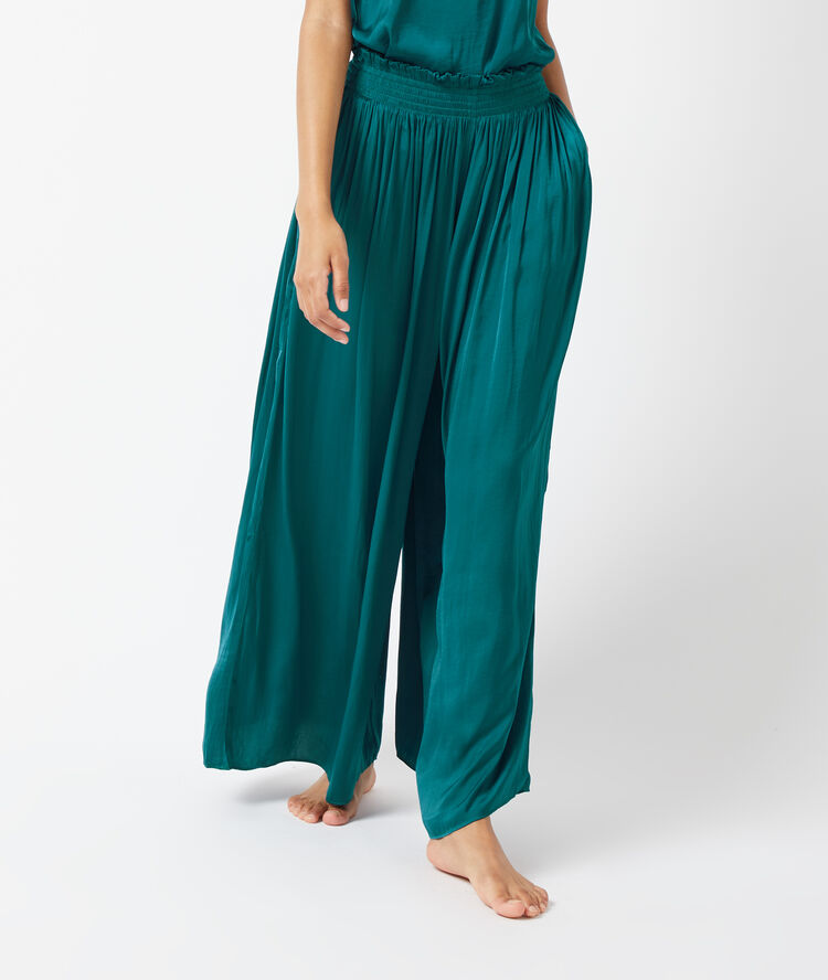 Satiny trousers with smocked waist peacock blue.