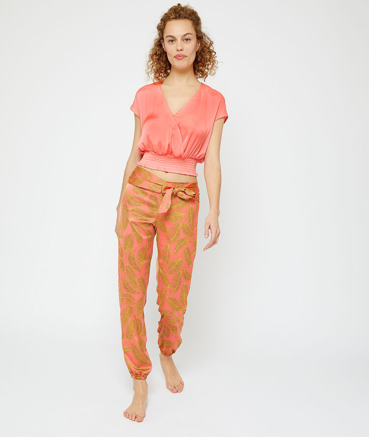 Satiny crop top with smocked waist pink.