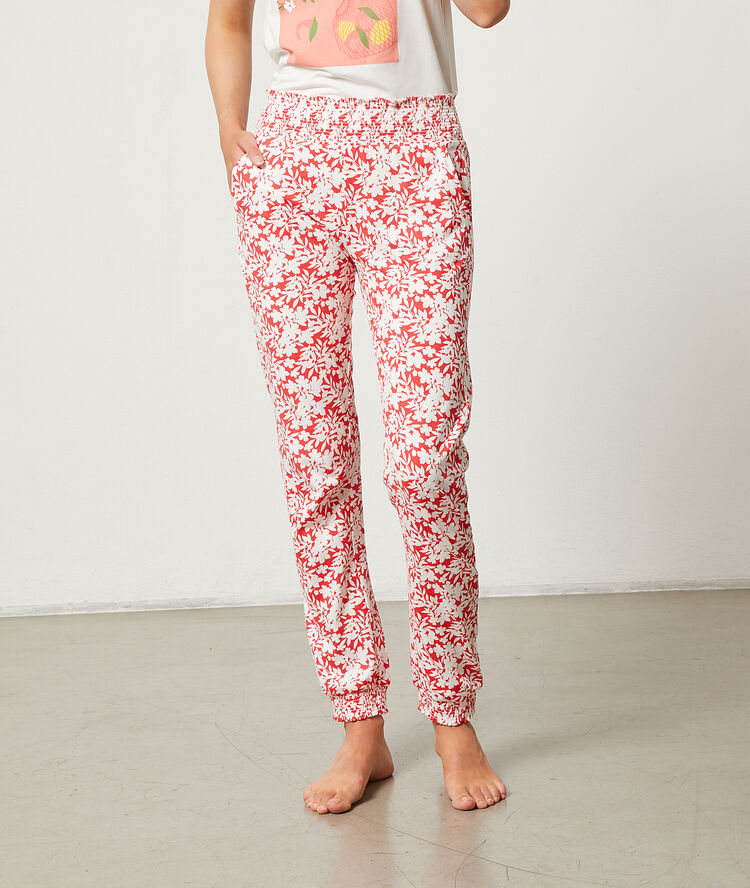 Pantalon imprim&eacute; floral corail.