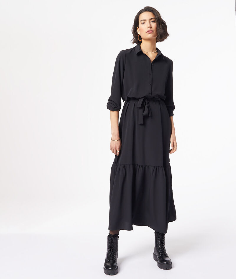 Long dress with tie belt;${refinementColor}