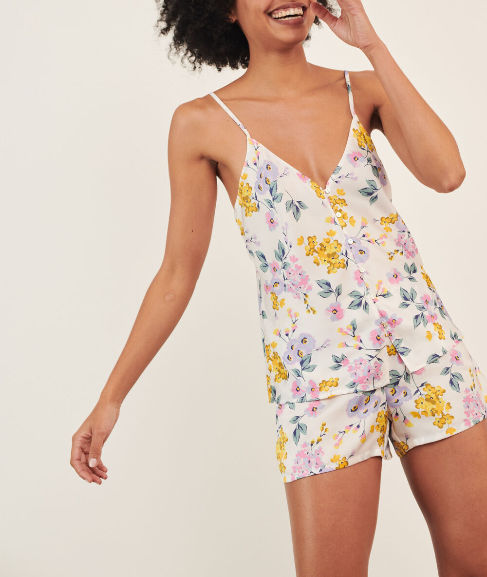 Caraco satin&eacute; imprim&eacute; &agrave; boutons ecru.