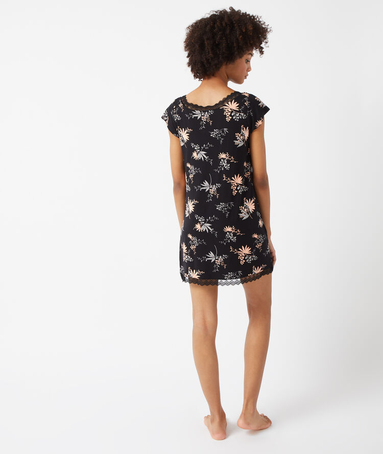 Chemise de nuit imprim&eacute;e, d&eacute;tails dentelle noir.