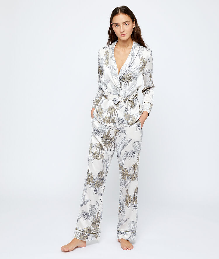 Trousers in a foliage print white.