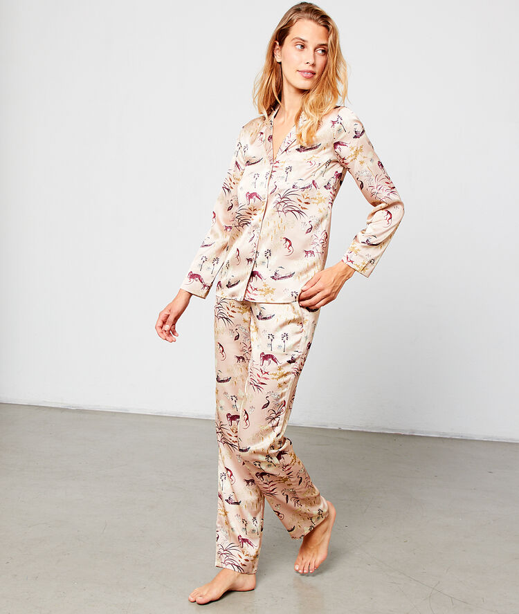 Pantalon satiné imprimé rose.