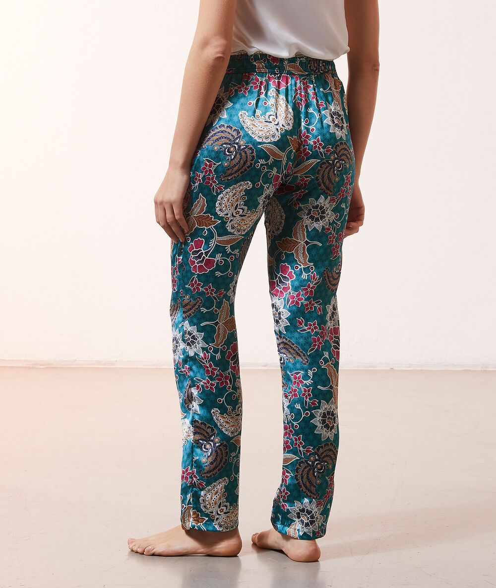Pantalon de pyjama imprim&eacute; et satin&eacute; bleu canard.