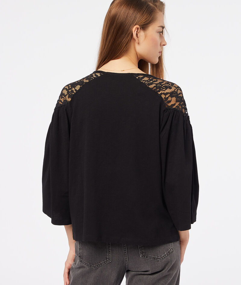 3/4 sleeve t-shirt with lace details;${refinementColor}