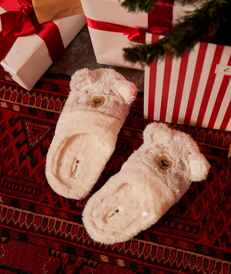 Chaussons nounours fourr&eacute;s ecru.