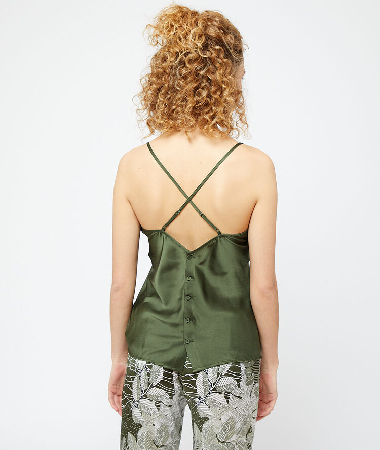 Satiny cami top with button through back and crossed straps khaki.