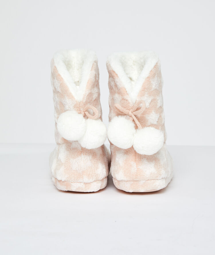Chaussons bottines fourr&eacute;es &agrave; pompons rose.