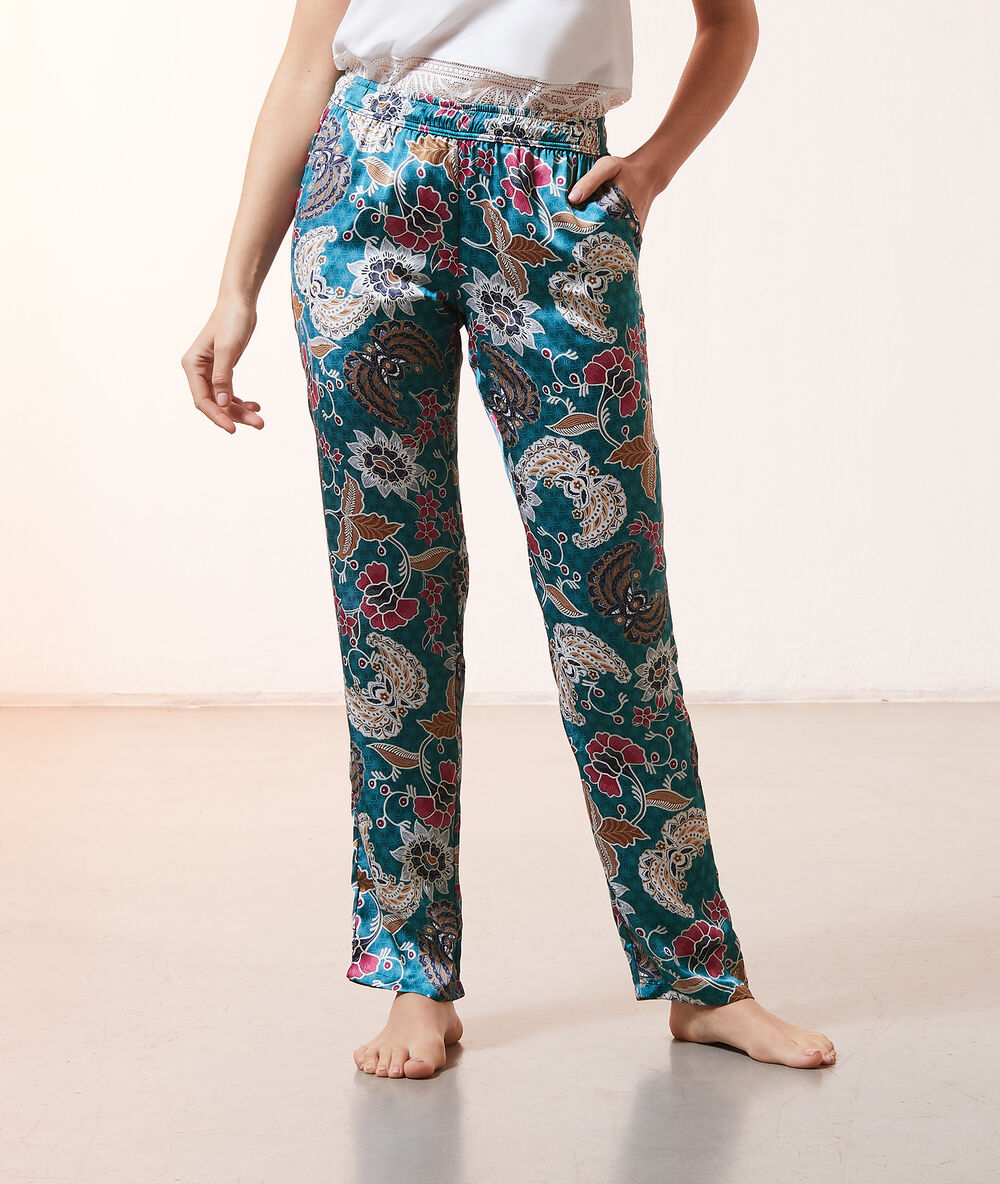 Pantalon de pyjama imprim&eacute; et satin&eacute; bleu canard.