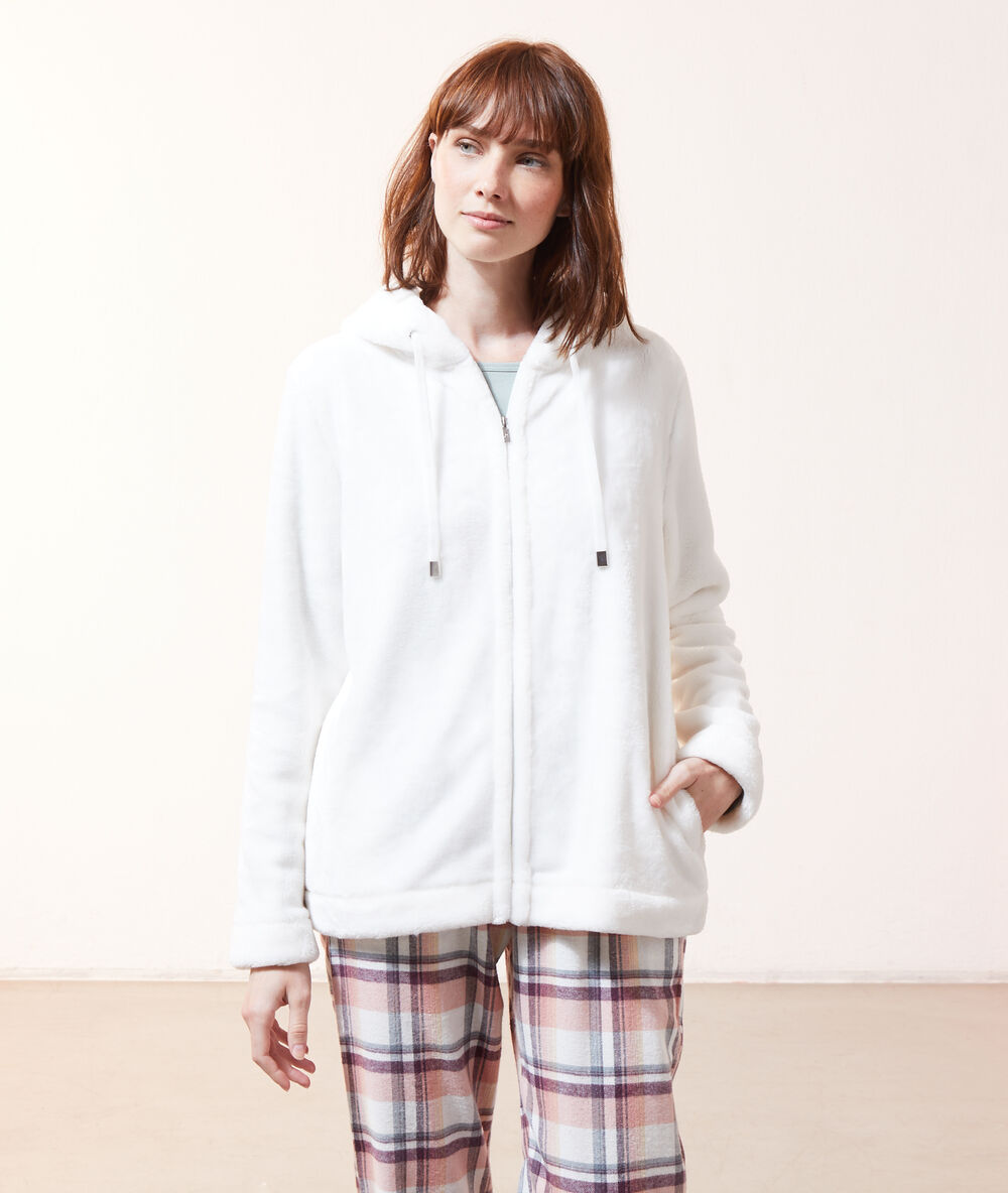 Loungewear hooded fleece cardigan  off white.