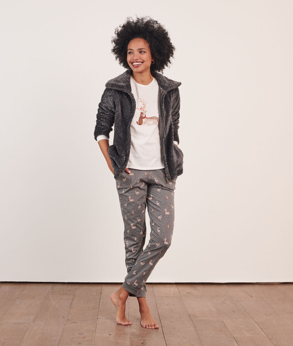 3 piece pyjama, fleece cardigan charcoal grey.