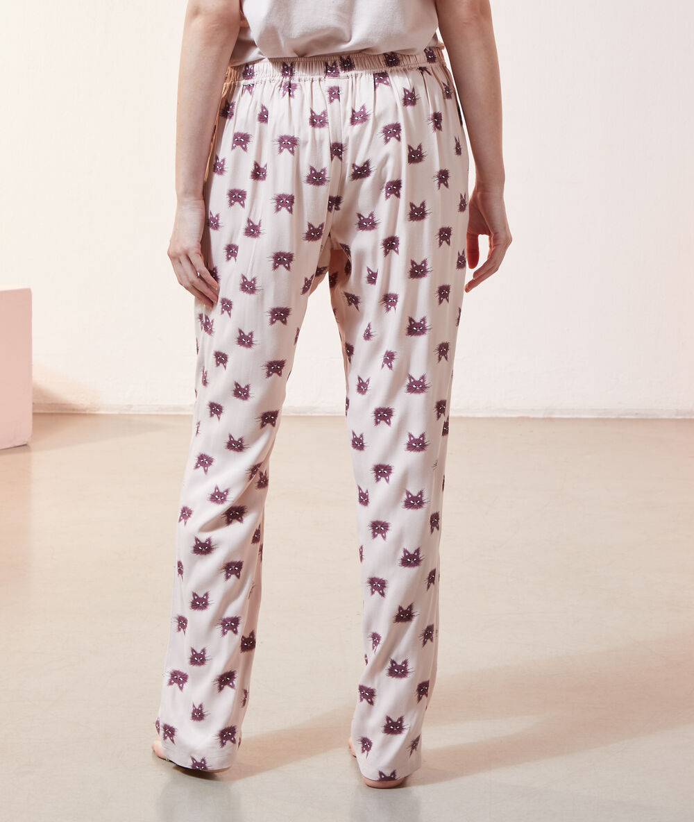 Pantalon imprim&eacute; chat rose.