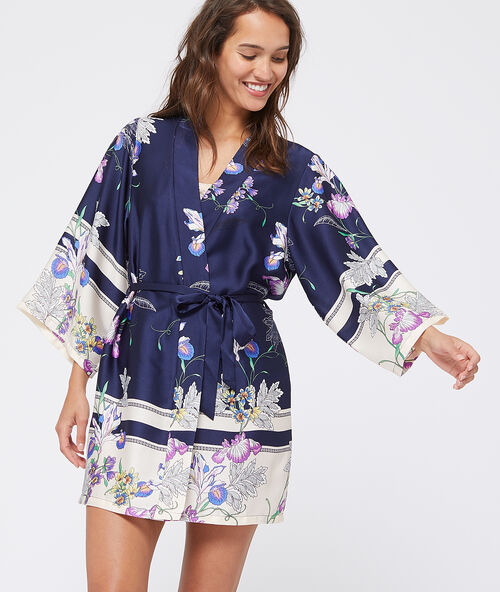Floral satin kimono dressing gown blue.