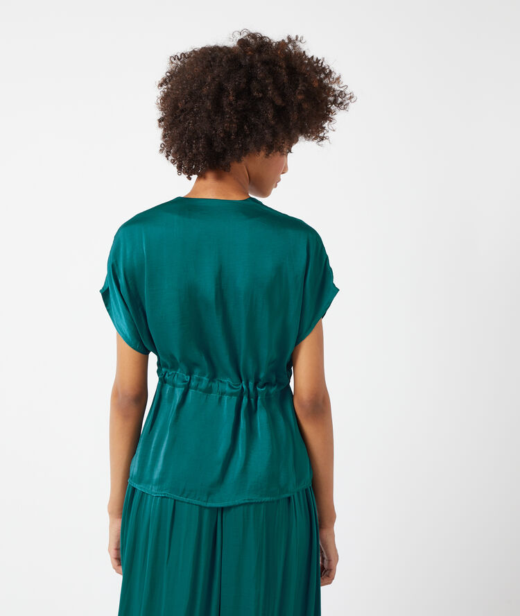 Top satin&eacute; &agrave; nouer bleu canard.