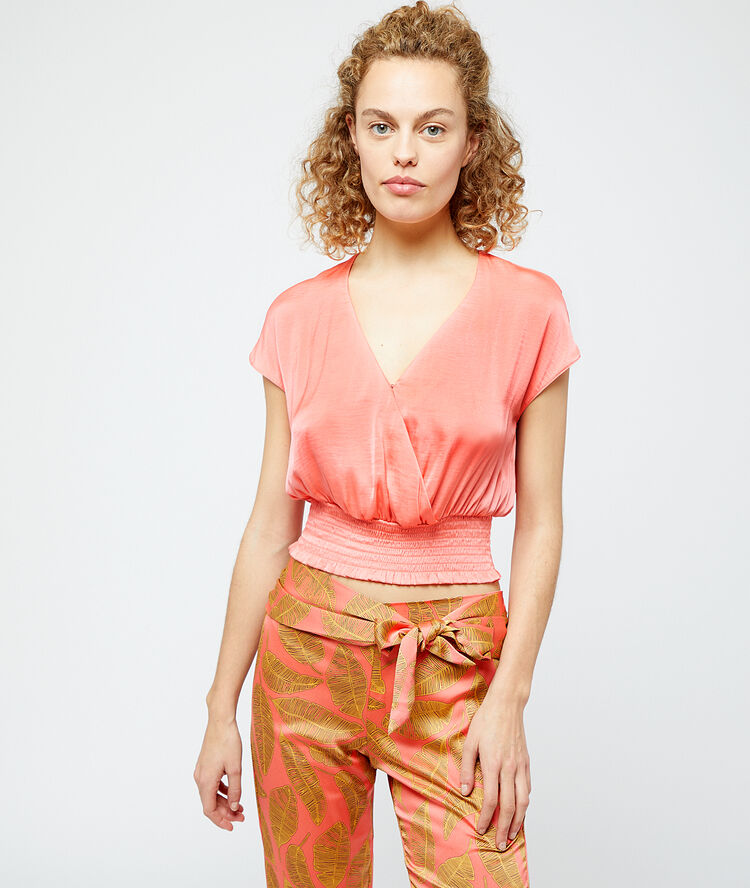 Satiny crop top with smocked waist pink.