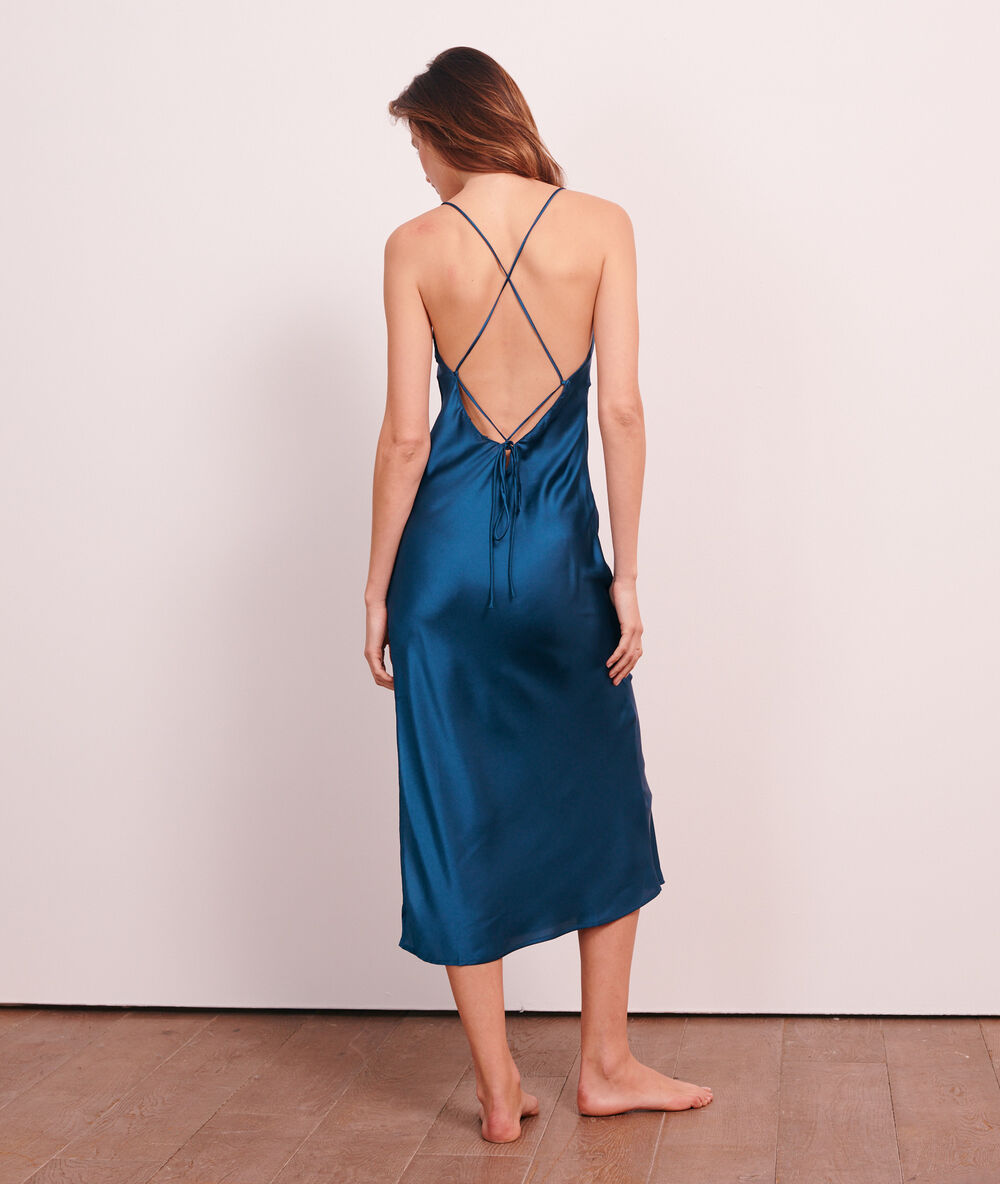 Maxi satiny slip nightdress petrol blue.
