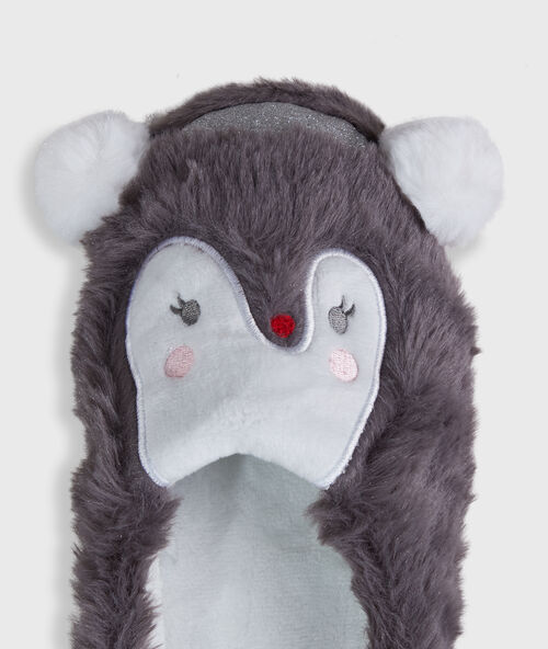 Penguin mule slippers with faux fur grey.