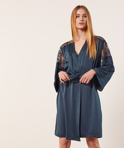 Satin kimono robe with lace detail;${refinementColor}