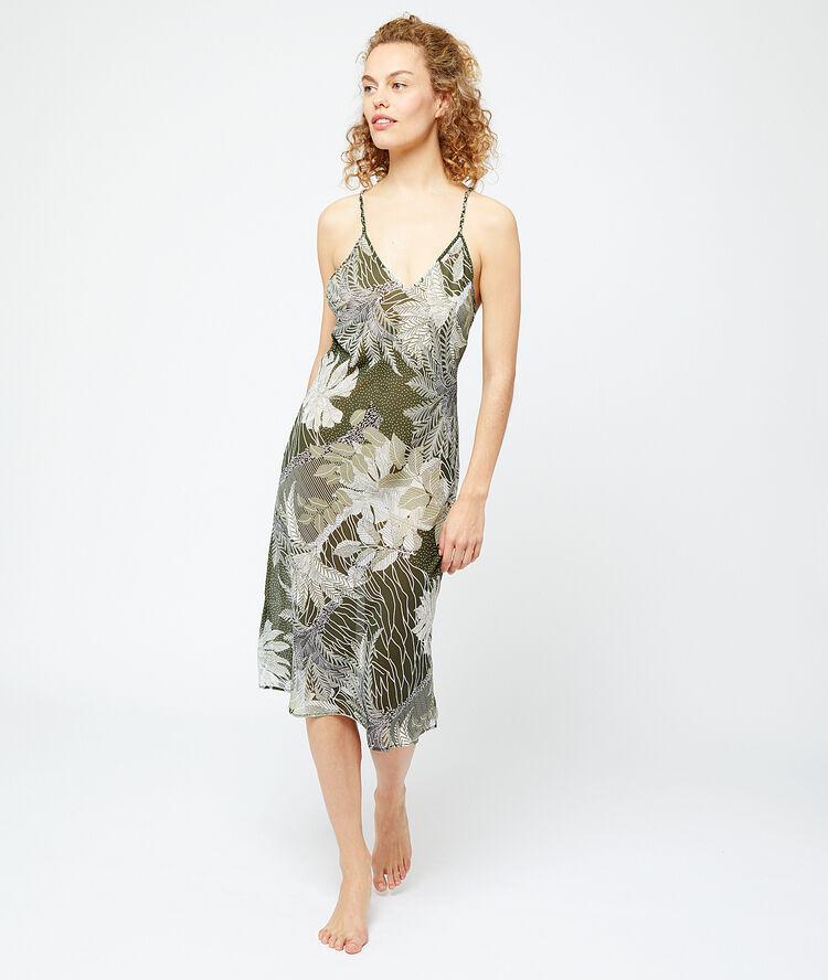 Low crossed back printed long cut slip khaki.