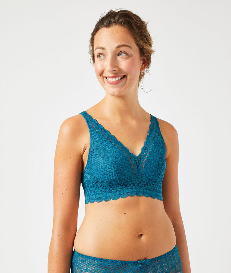 Non-wired post-masectomy triangle bra peacock blue.