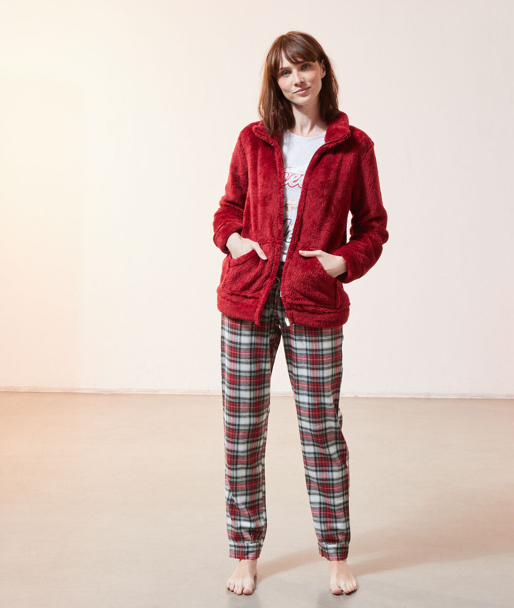 Need more sleep' 3 piece pyjama, fleece cardigan red.