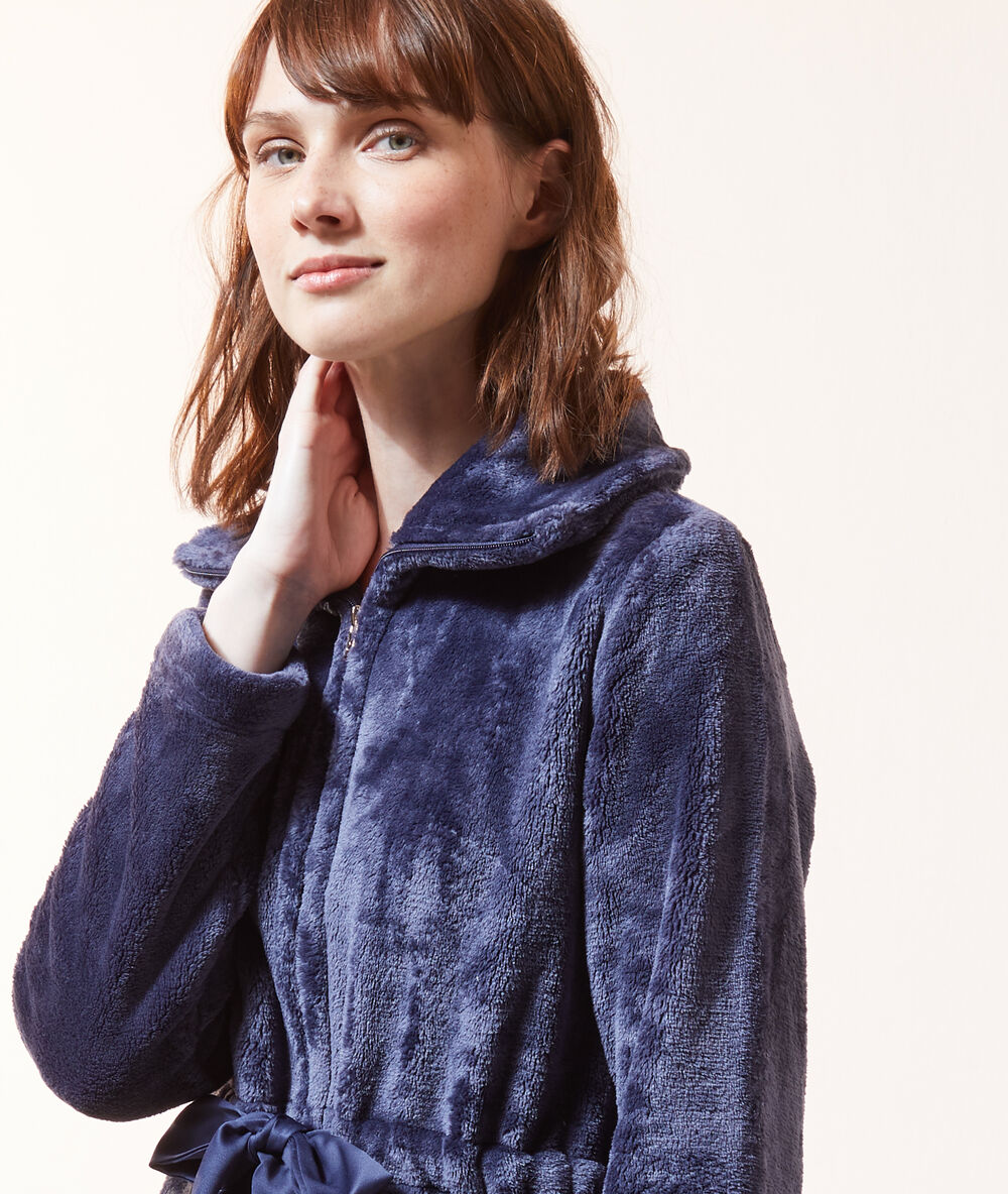 Belted fleece cardigan indigo-blue.