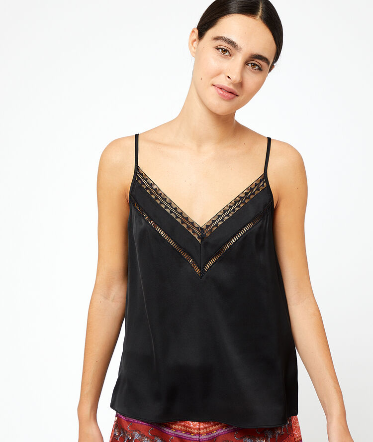 Satin lace trim pyjama cami black.