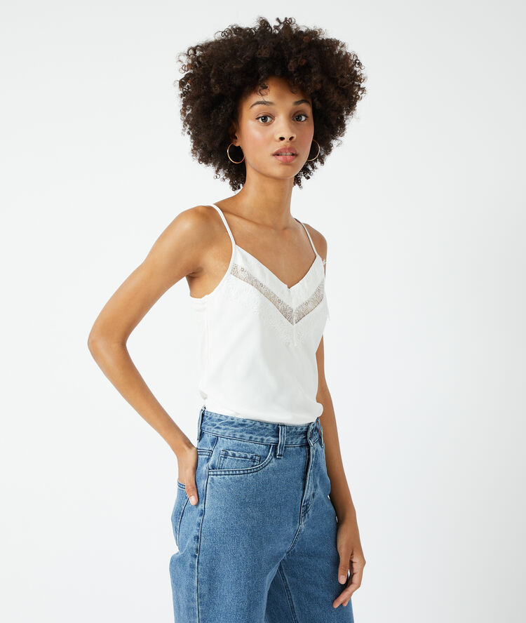Cami top with a lace trimmed low cut off white.