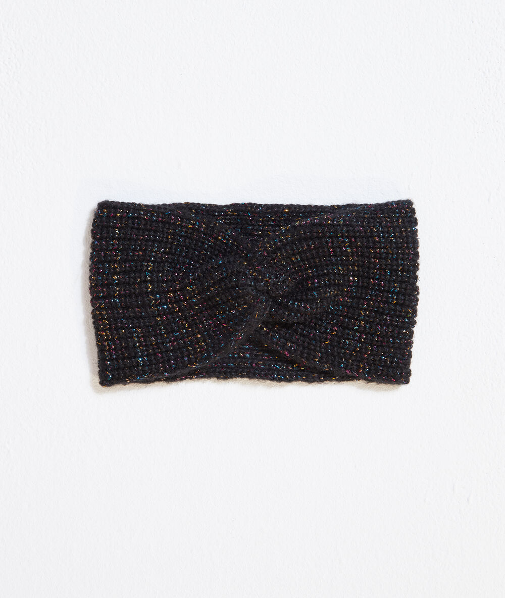 Headband in a metallic thread knit black.