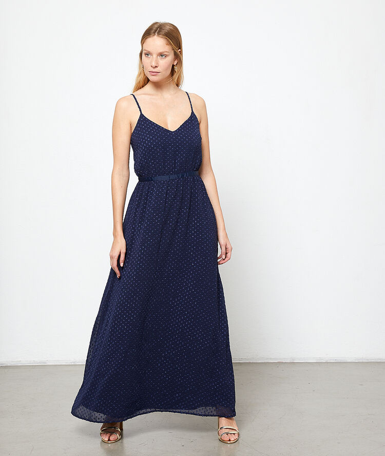 Maxi dress in dobby mesh navy blue.