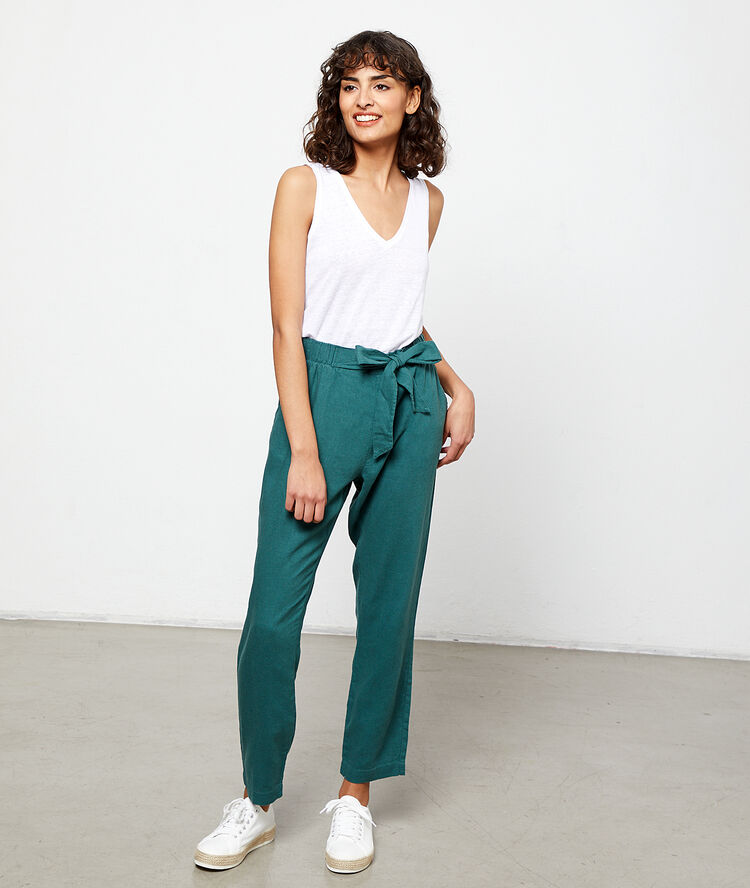 Peg trousers with tie detail peacock blue.