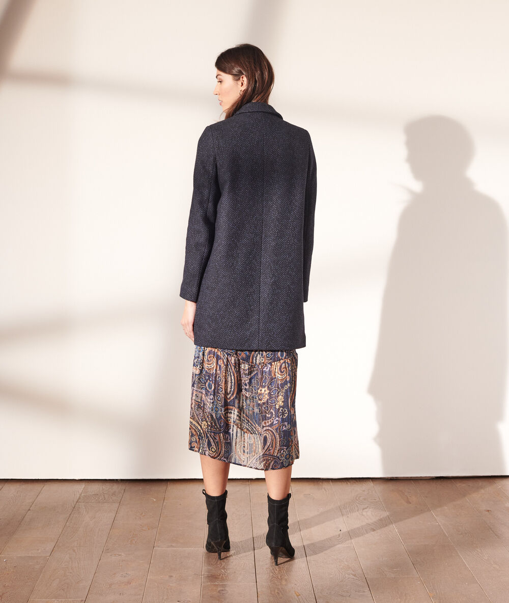 Manteau droit en laine m&eacute;lang&eacute;e marine.