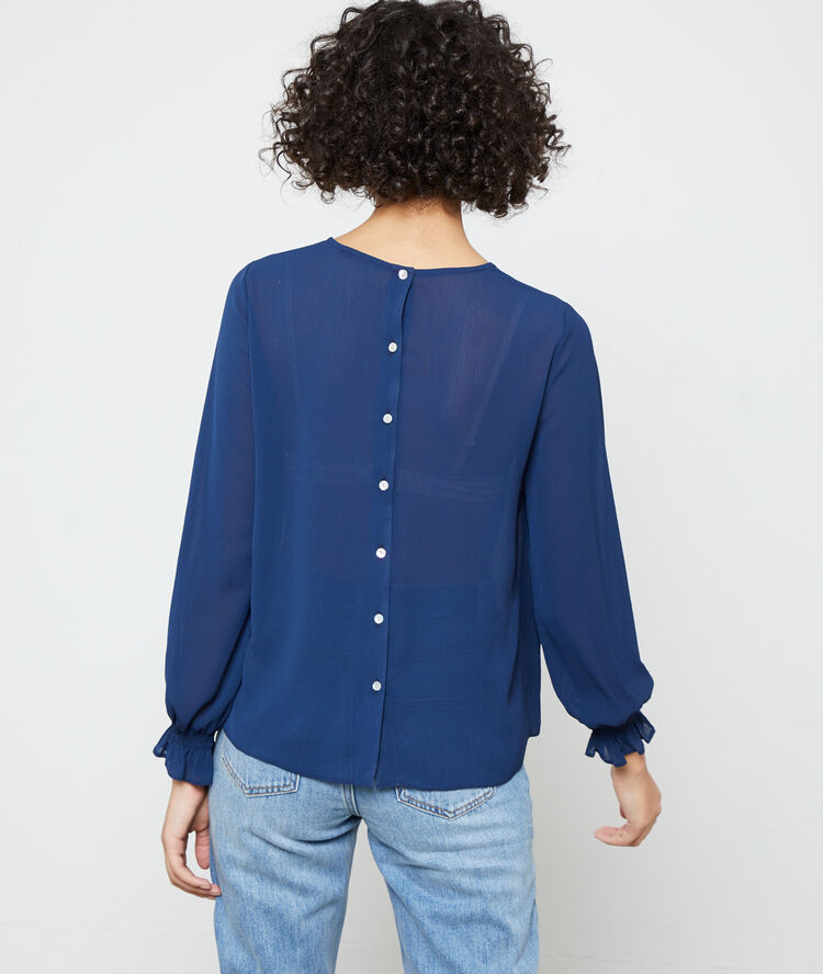 Blouse with button through back navy blue.